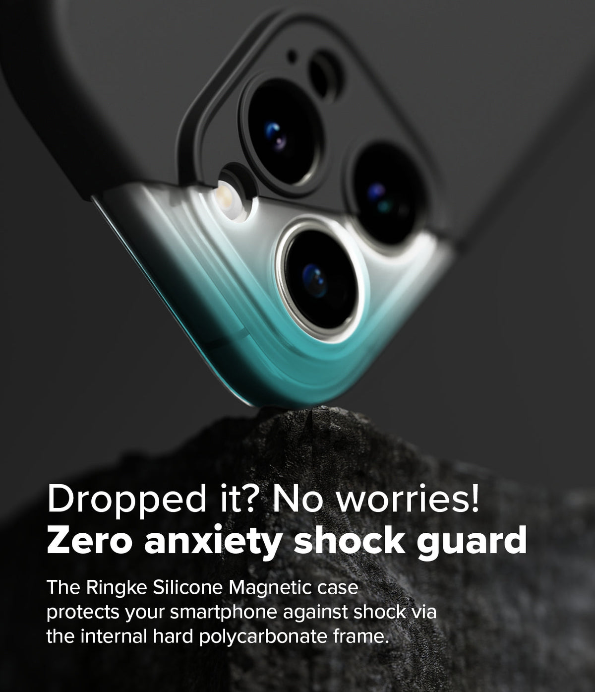 iPhone 16 Pro Max Case | Silicone Magnetic - Close-up of a phone case corner resting on a rock, highlighting shock protection.