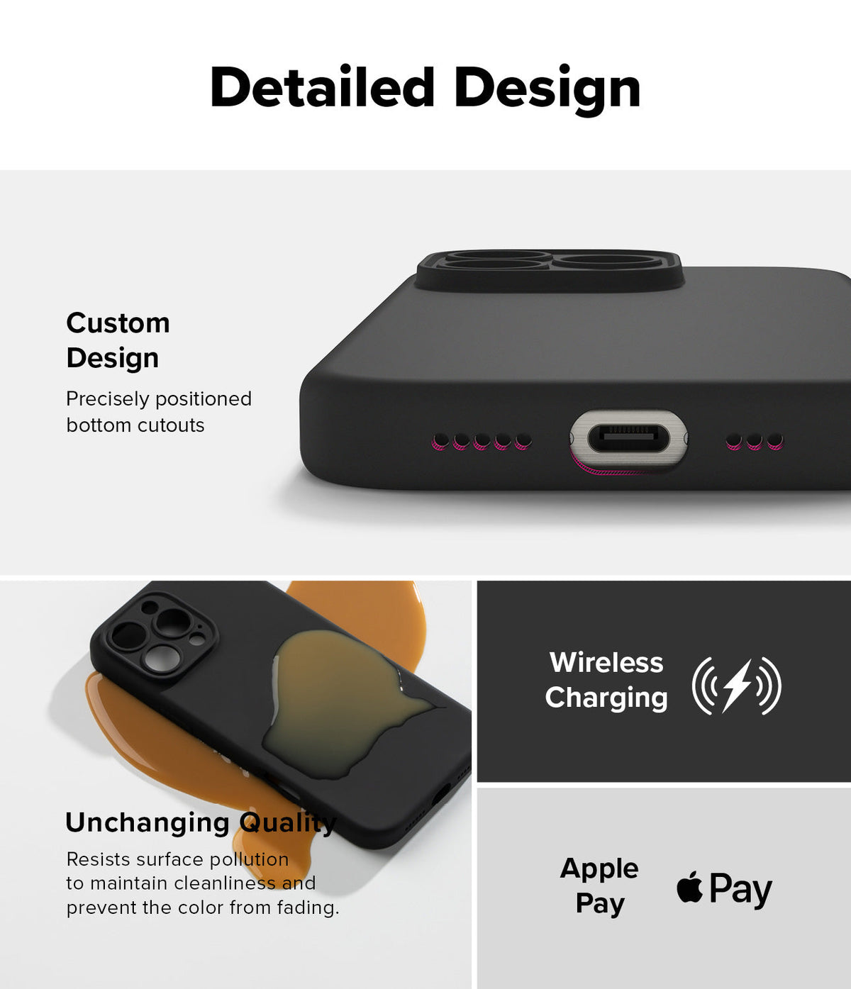 iPhone 16 Pro Max Case | Silicone Magnetic - Close-up of phone case cutouts, liquid-resistant surface, and charging icons.