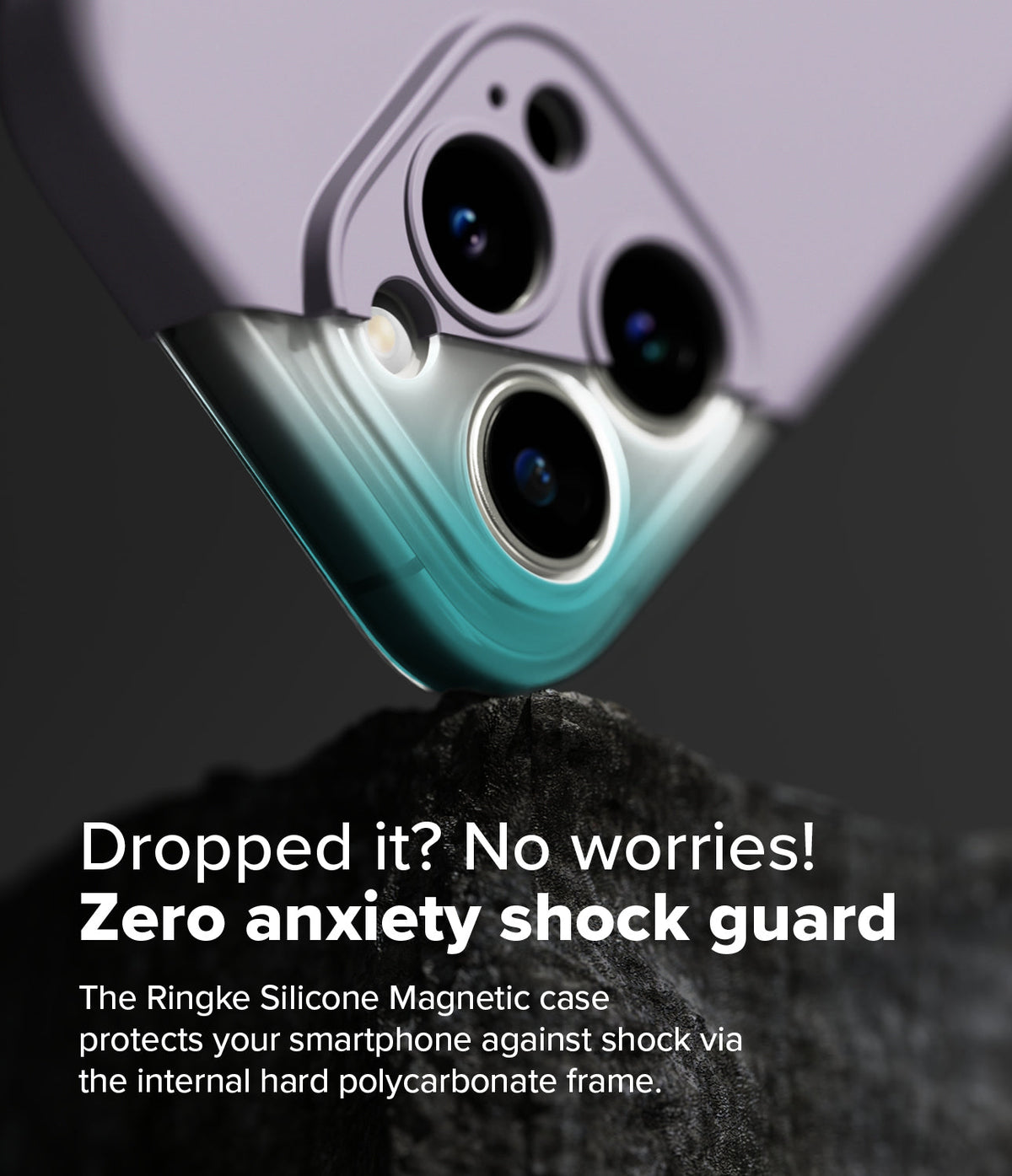 iPhone 16 Pro Max Case | Silicone Magnetic - Lavender phone case corner resting on a rock, highlighting the internal frame.