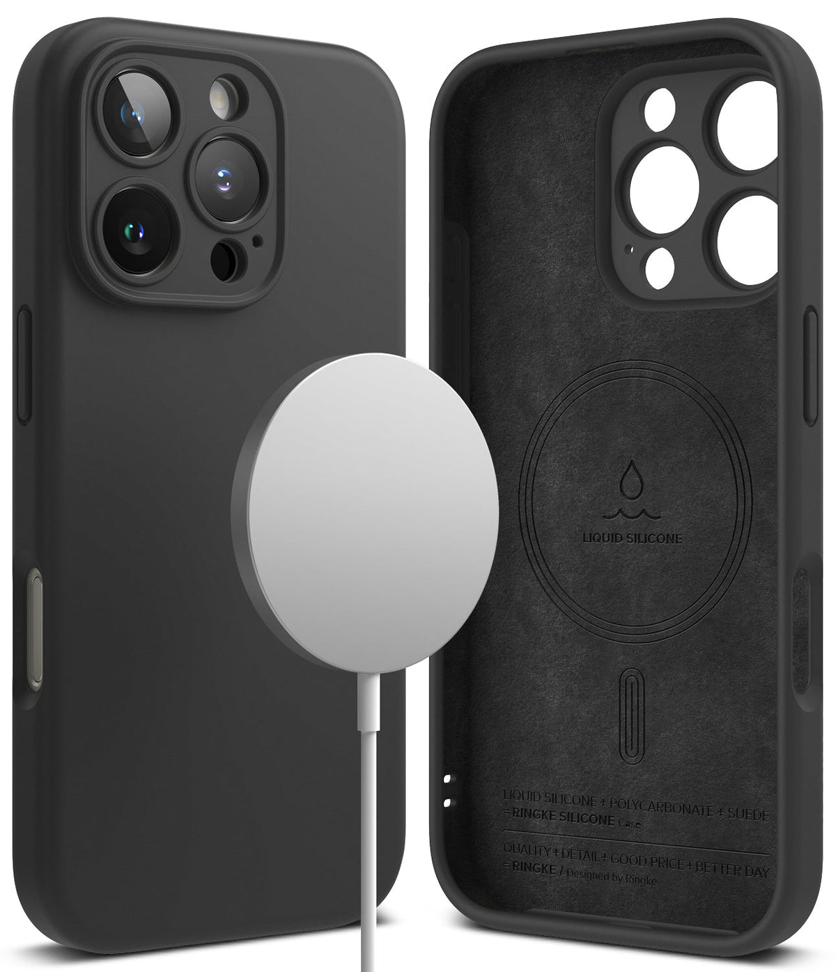 iPhone 16 Pro Max Case | Silicone Magnetic - Black silicone case for iPhone 16 Pro Max with MagSafe charger.