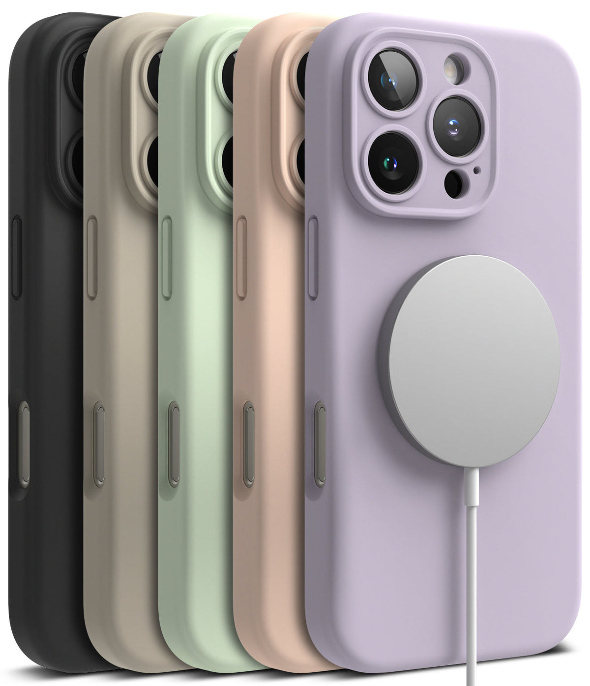 iPhone 16 Pro Max Case | Silicone Magnetic - Five silicone phone cases in black, beige, green, peach, and purple with a charger.