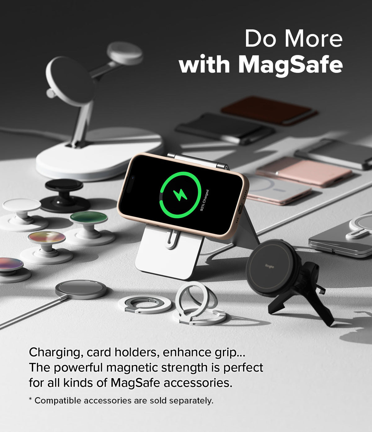 iPhone 16 Pro Case | Silicone Magnetic - iPhone 16 Pro in a silicone case charging on a stand surrounded by MagSafe accessories.