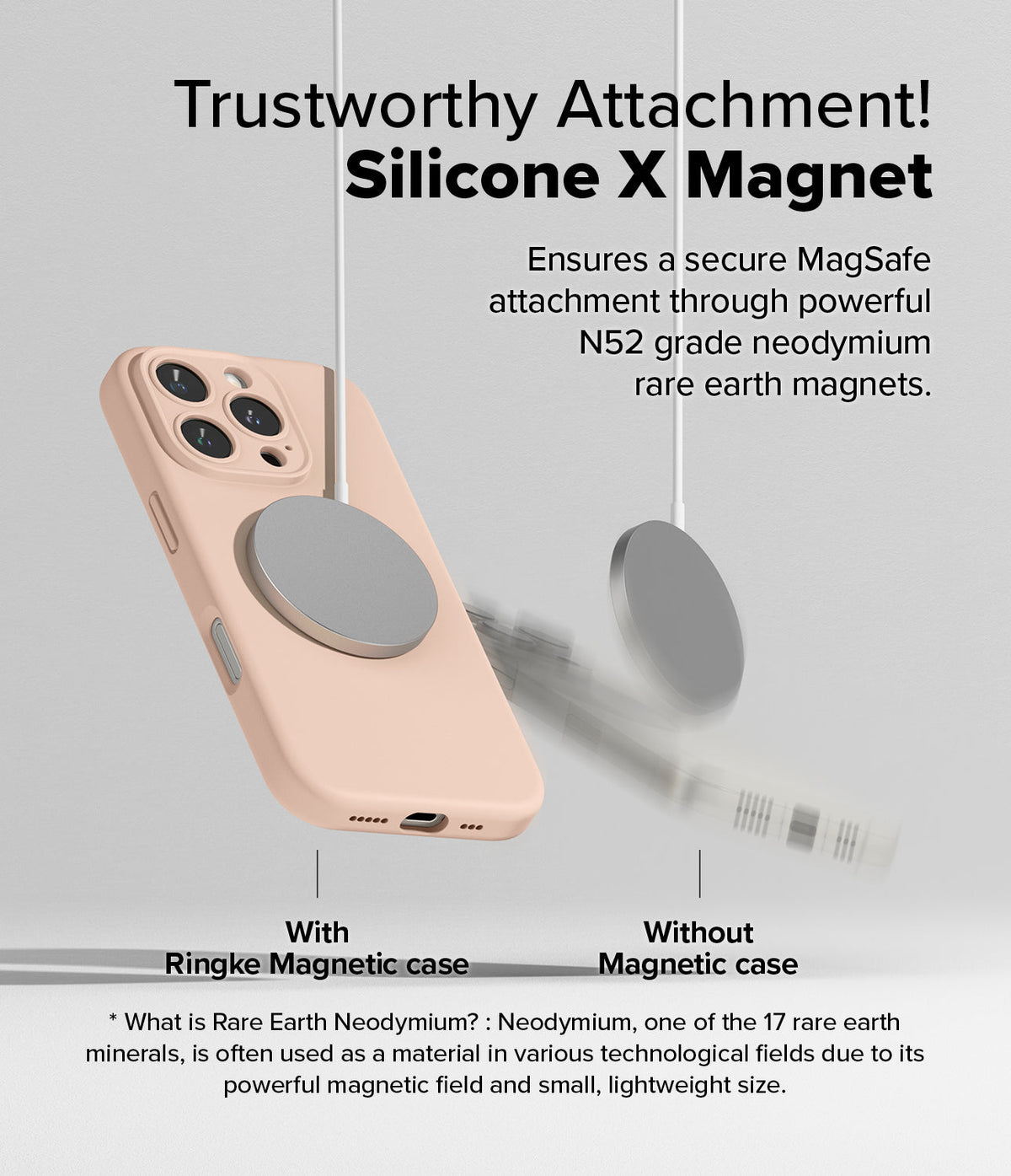 iPhone 16 Pro Max Case | Silicone Magnetic - A beige phone case magnetically attached to a charger versus a falling one.