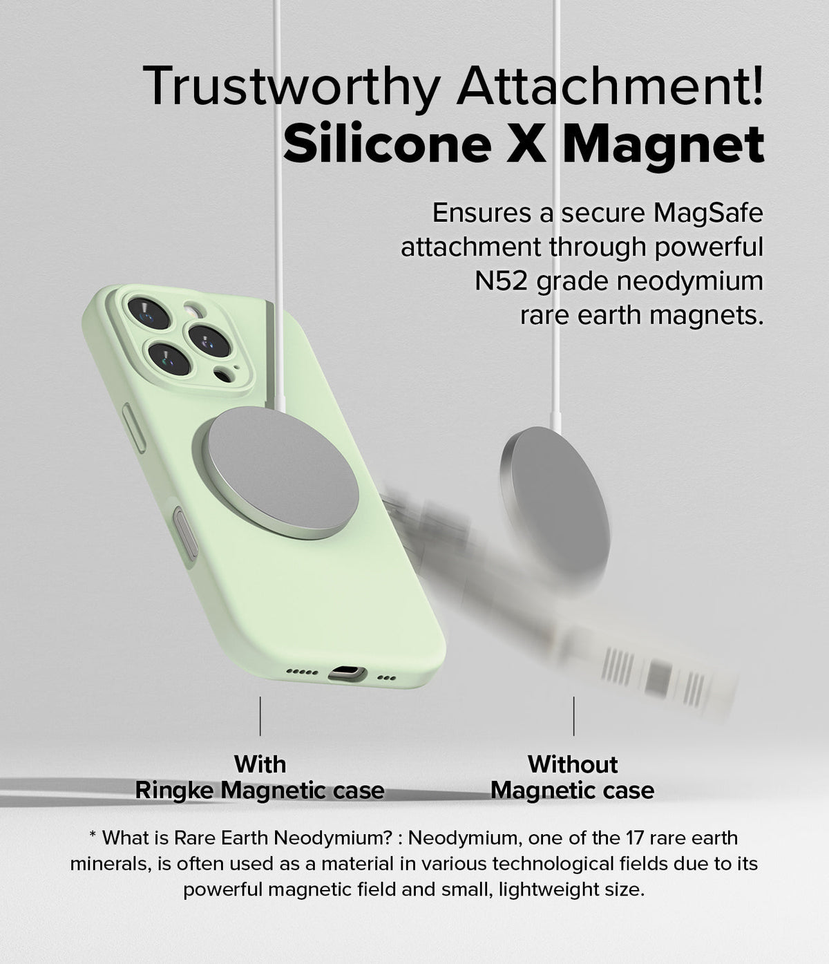 iPhone 16 Pro Max Case | Silicone Magnetic - A light green iPhone case securely attached to a magnetic charger.