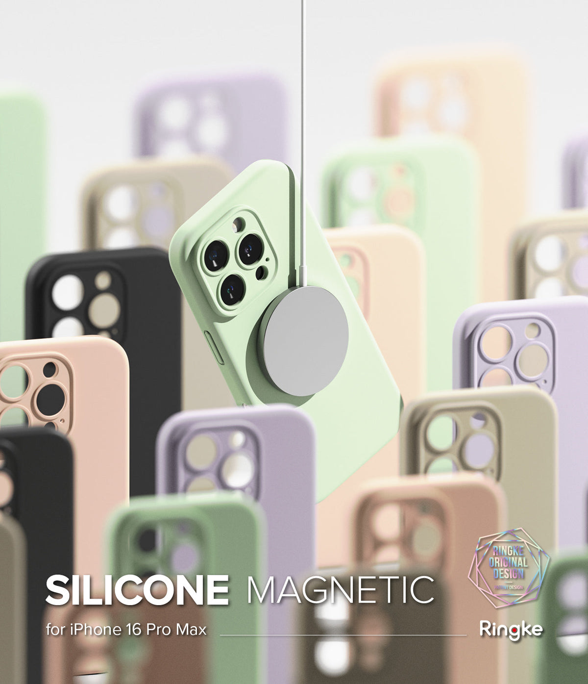 iPhone 16 Pro Max Case | Silicone Magnetic - A light green magnetic phone case suspended among various pastel-colored cases.