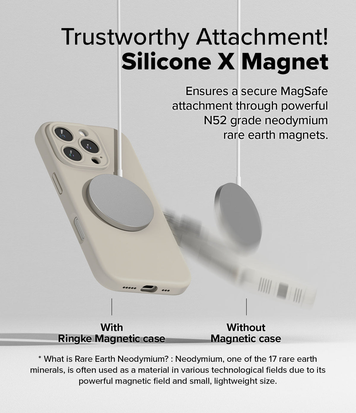 iPhone 16 Pro Max Case | Silicone Magnetic - Beige phone case attached to a magnetic charger versus one falling away.