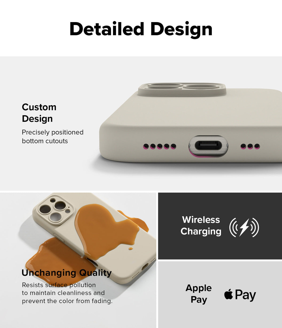 iPhone 16 Pro Max Case | Silicone Magnetic - Close-up of phone case cutouts, liquid-resistant surface, and charging icons.