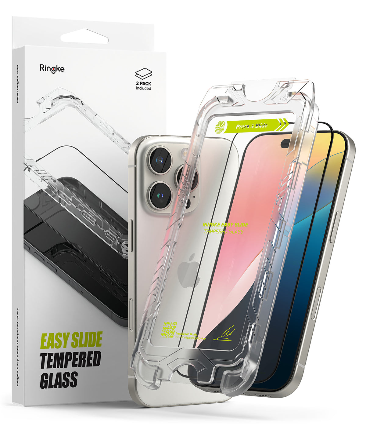 iPhone 16 Pro Screen Protector | Easy Slide Tempered Glass - iPhone 16 Pro Screen Protector - Ringke Easy Slide tempered glass installation tool over an iPhone 16 Pro and retail box.