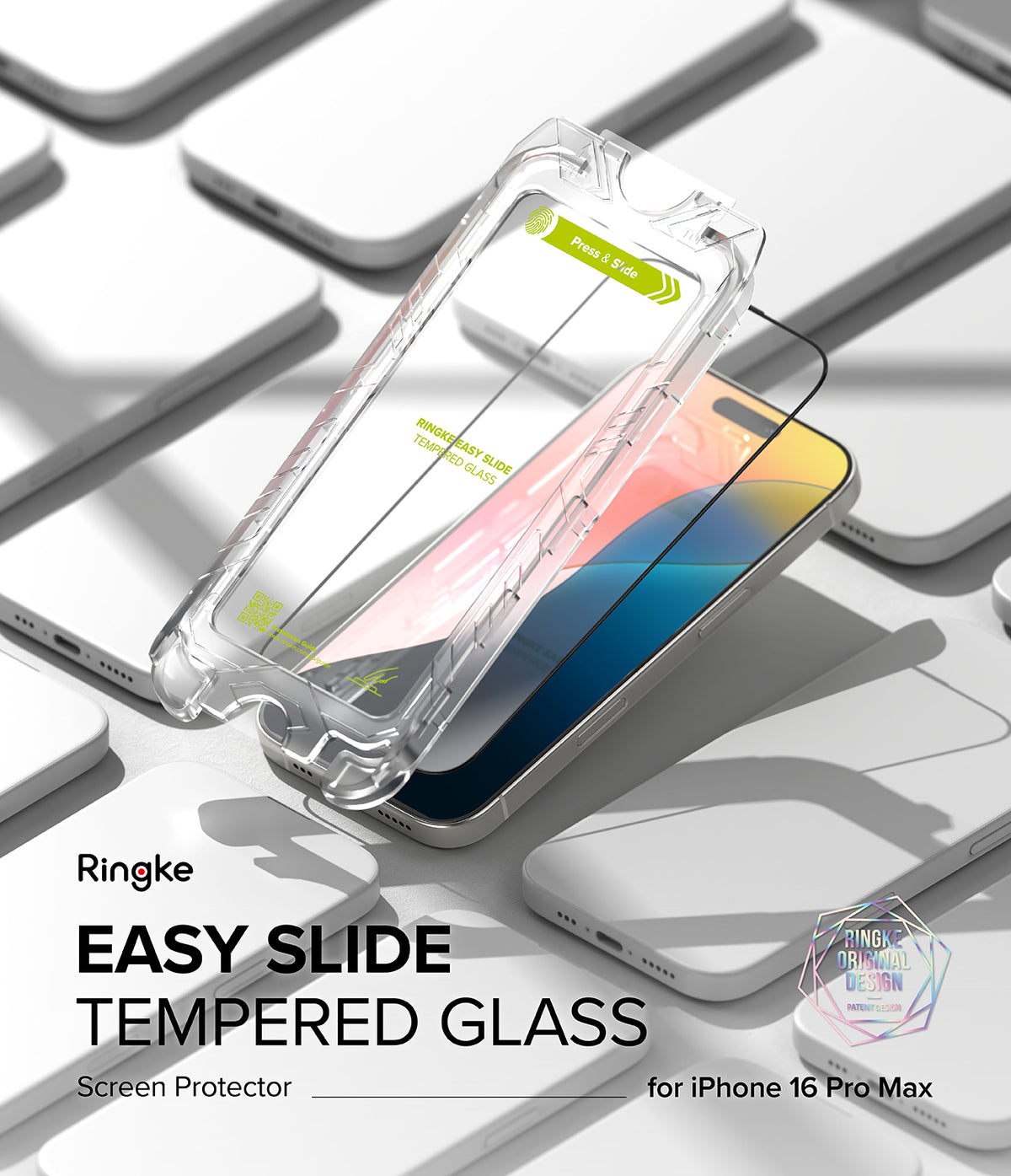 iPhone 16 Pro Max Screen Protector | Easy Slide Tempered Glass - iPhone 16 Pro Max Screen Protector - Clear installation frame hovering over an iPhone 16 Pro Max on a white background.