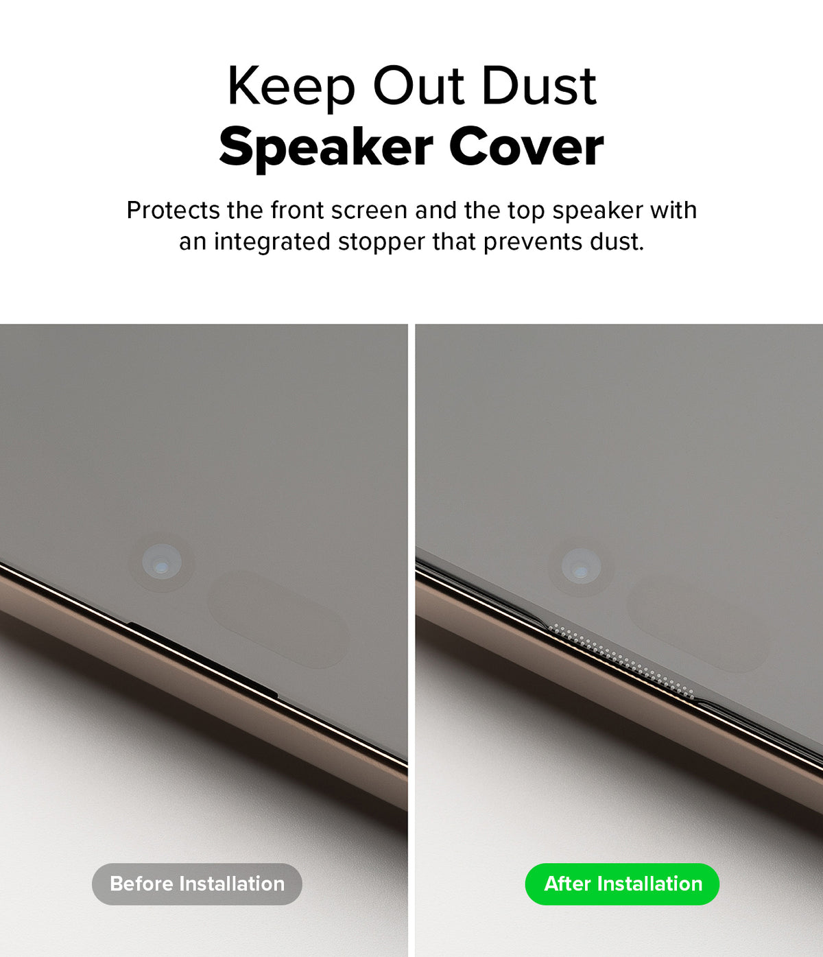 iPhone 16 Pro Max Screen Protector | Easy Slide Tempered Glass - iPhone 16 Pro Max Screen Protector - Comparison showing the speaker area before and after installing a dust-proof cover.
