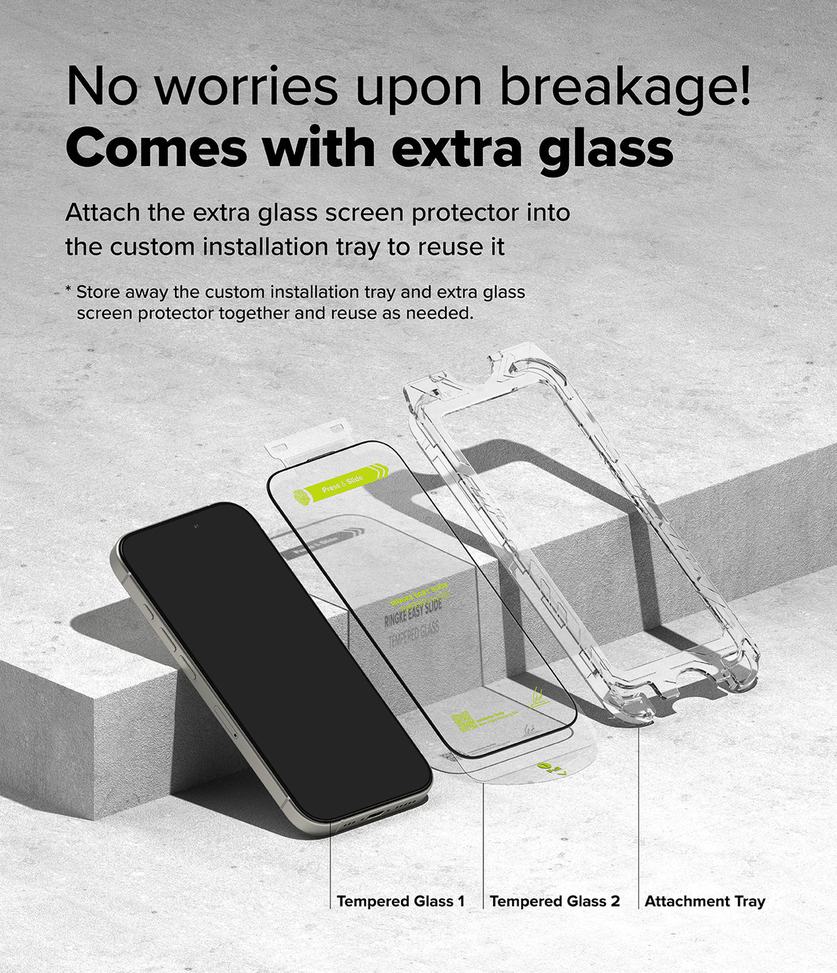iPhone 16 Pro Max Screen Protector | Easy Slide Tempered Glass - iPhone 16 Pro Max Screen Protector - Smartphone, two tempered glass protectors, and an installation tray on concrete.