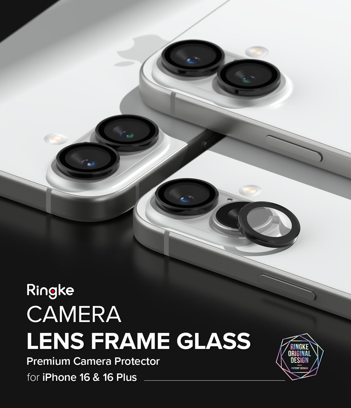 iPhone 16 Plus / 16 | Camera Lens Frame Glass - iPhone 16 Plus / 16 Camera Lens Frame Glass - Black lens protectors being applied to the dual cameras of white iPhones.
