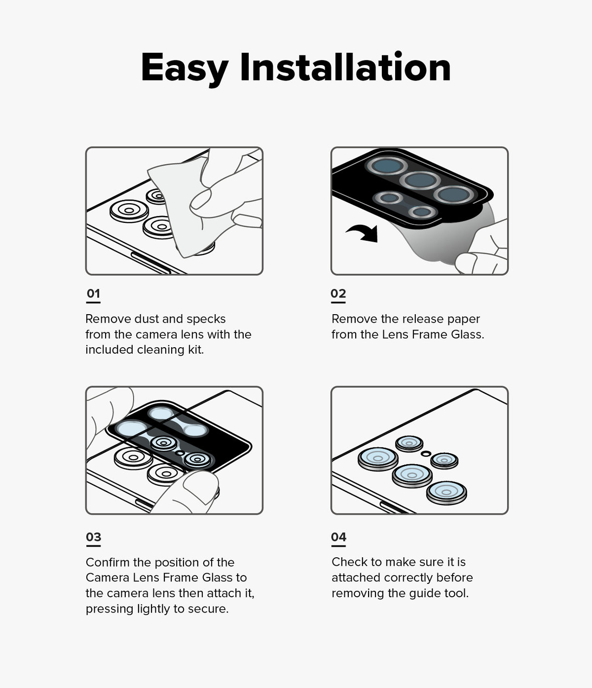 iPhone 16 Plus / 16 | Camera Lens Frame Glass - iPhone 16 Plus / 16 Camera Lens Frame Glass - Four-step illustrated guide showing how to clean and install lens protectors.