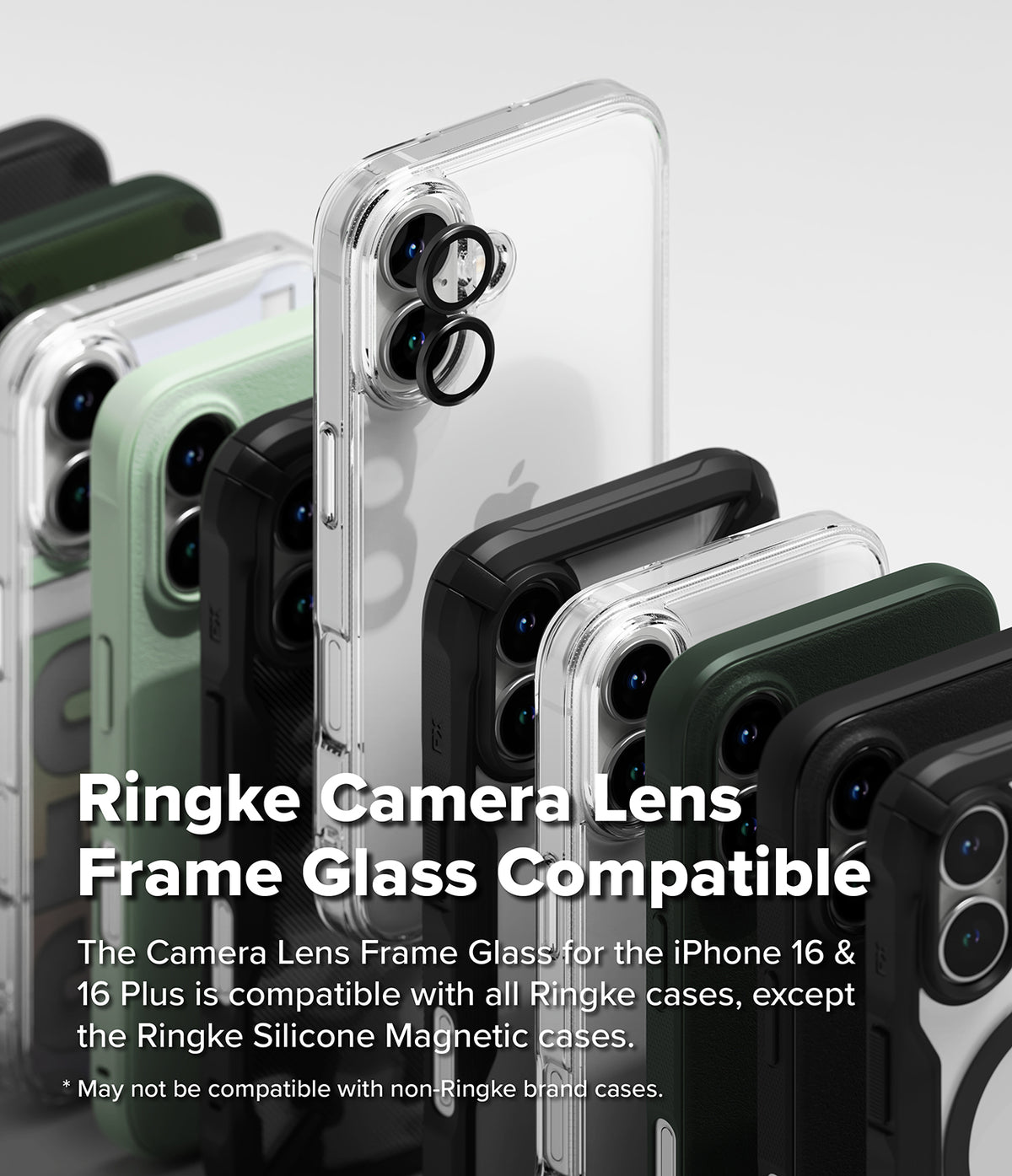 iPhone 16 Plus / 16 | Camera Lens Frame Glass - Multiple iPhone 16 phones in various Ringke cases with lens protectors.