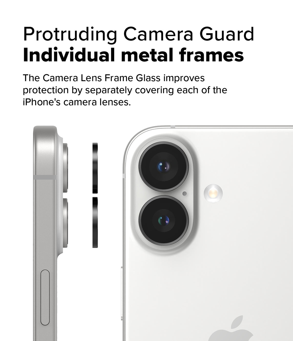 iPhone 16 Plus / 16 | Camera Lens Frame Glass - Side and back view of iPhone showing individual metal lens protectors.
