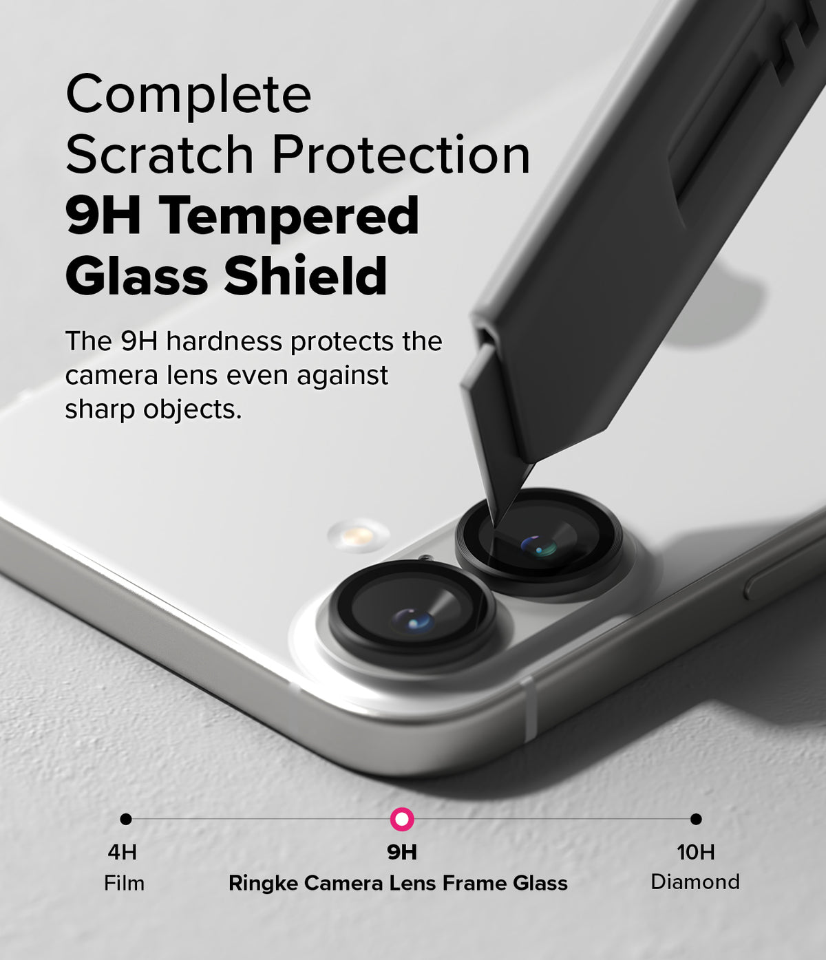 iPhone 16 Plus / 16 | Camera Lens Frame Glass - iPhone 16 Plus / 16 Camera Lens Frame Glass - A utility knife blade presses against a 9H tempered glass camera lens protector.