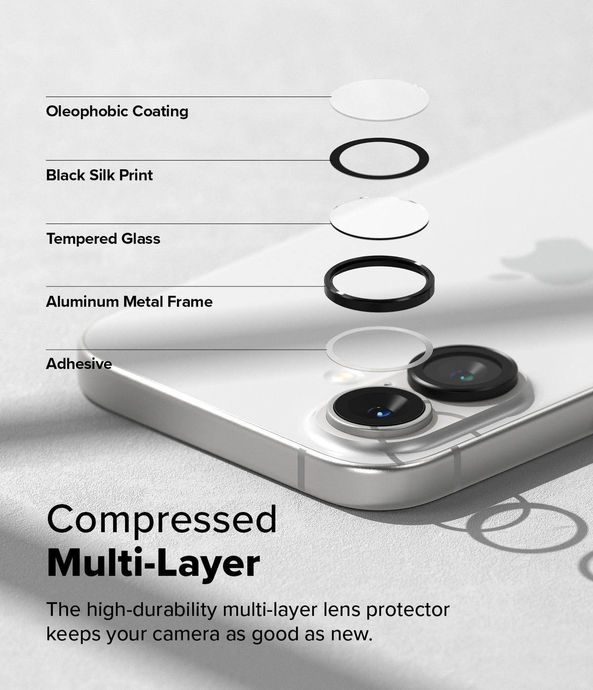 iPhone 16 Plus / 16 | Camera Lens Frame Glass - iPhone 16 Plus / 16 Camera Lens Frame Glass - Exploded view of multi-layer camera lens protector on a white iPhone.