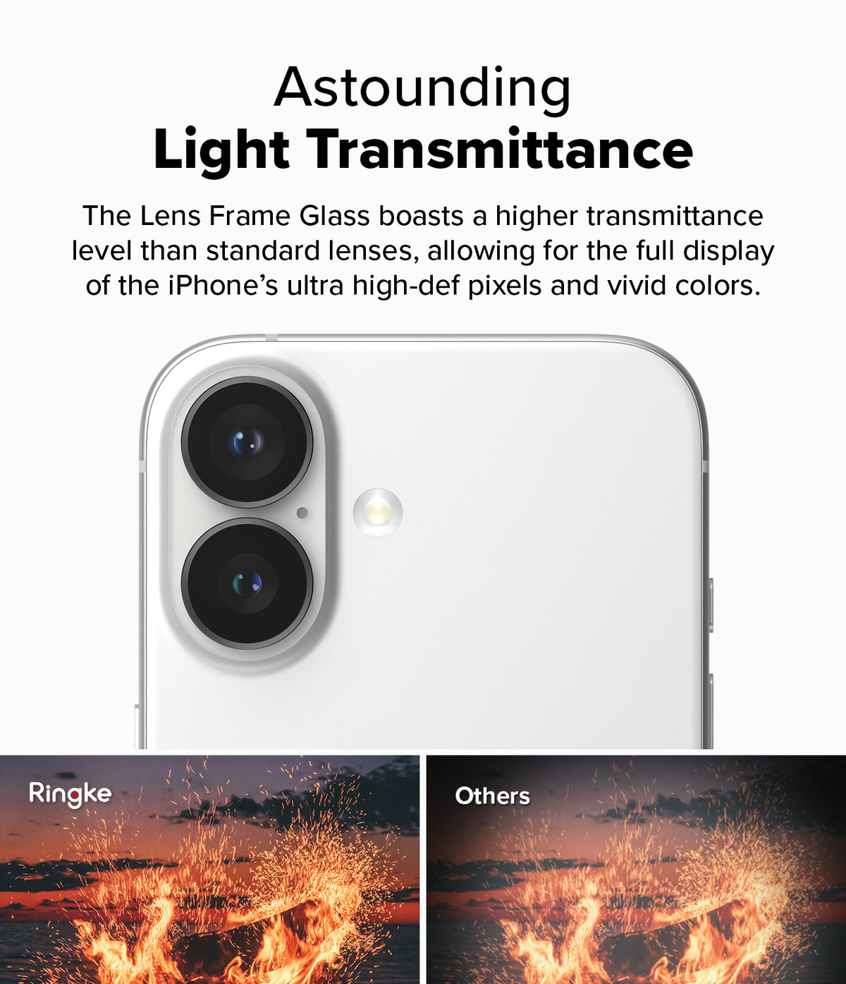 iPhone 16 Plus / 16 | Camera Lens Frame Glass - Comparison showing clearer, brighter fire imagery with Ringke lens glass.