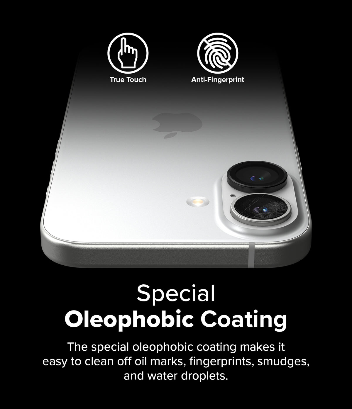 iPhone 16 Plus / 16 | Camera Lens Frame Glass - iPhone 16 Plus / 16 Camera Lens Frame Glass - Silver iPhone with oleophobic lens protectors and touch/fingerprint icons.
