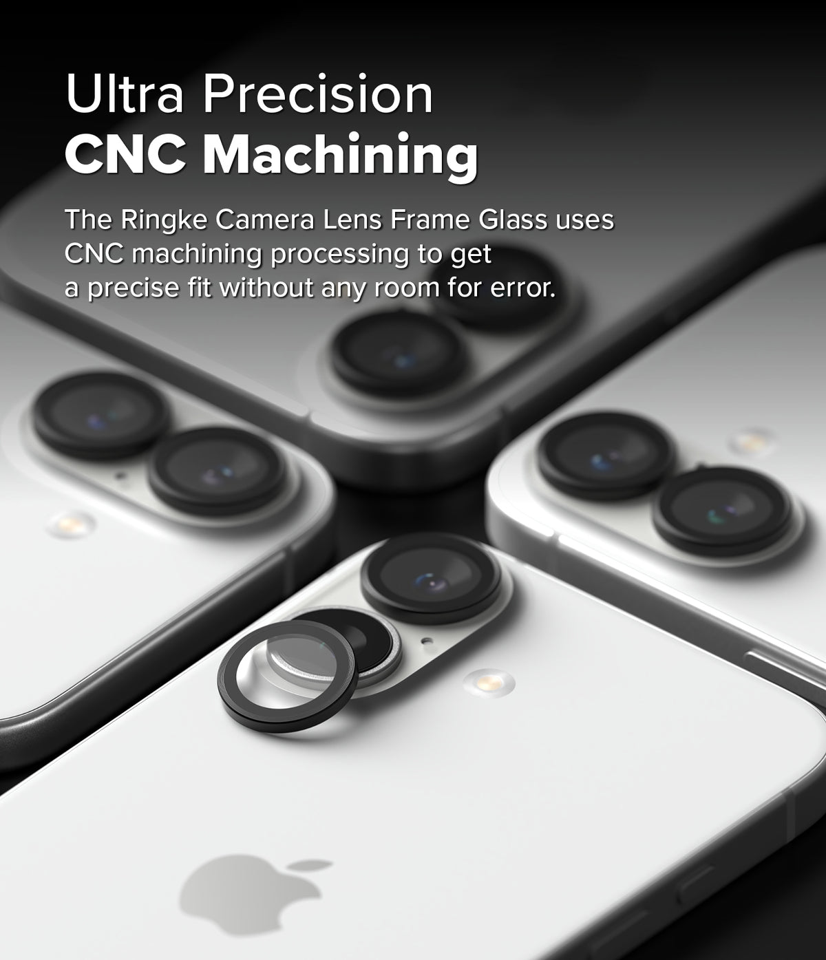 iPhone 16 Plus / 16 | Camera Lens Frame Glass - iPhone 16 Plus / 16 Camera Lens Frame Glass - Close-up of a black camera lens protector being applied to an iPhone.