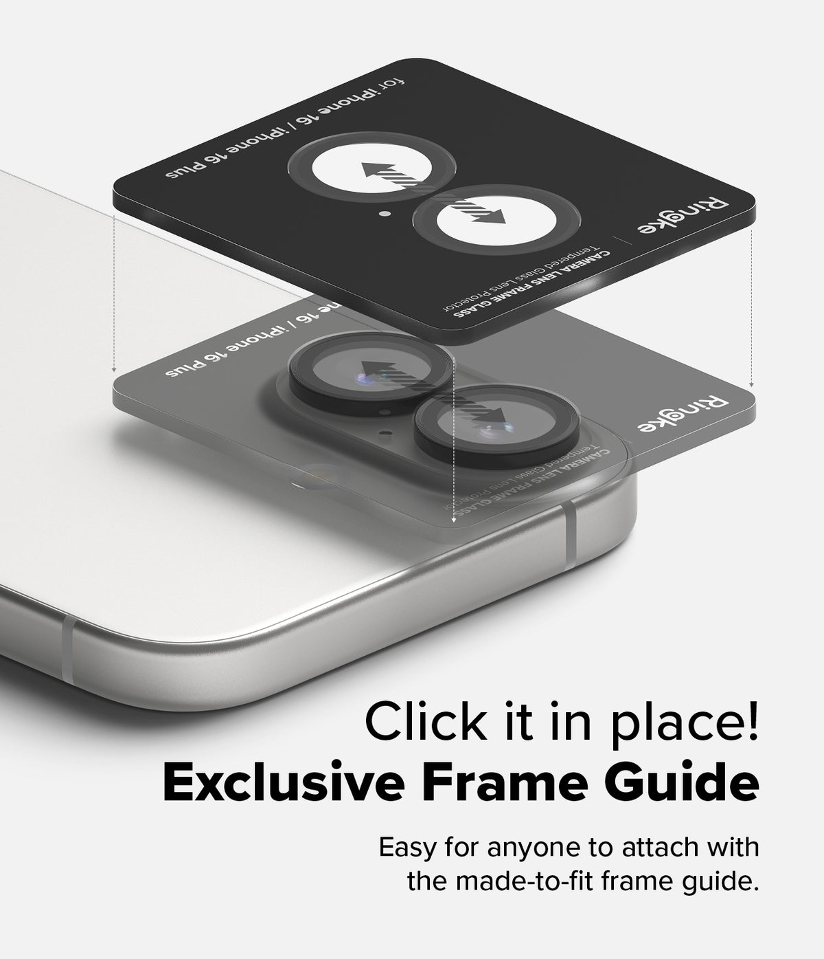 iPhone 16 Plus / 16 | Camera Lens Frame Glass - Installation guide aligning tempered glass protectors onto phone lenses.