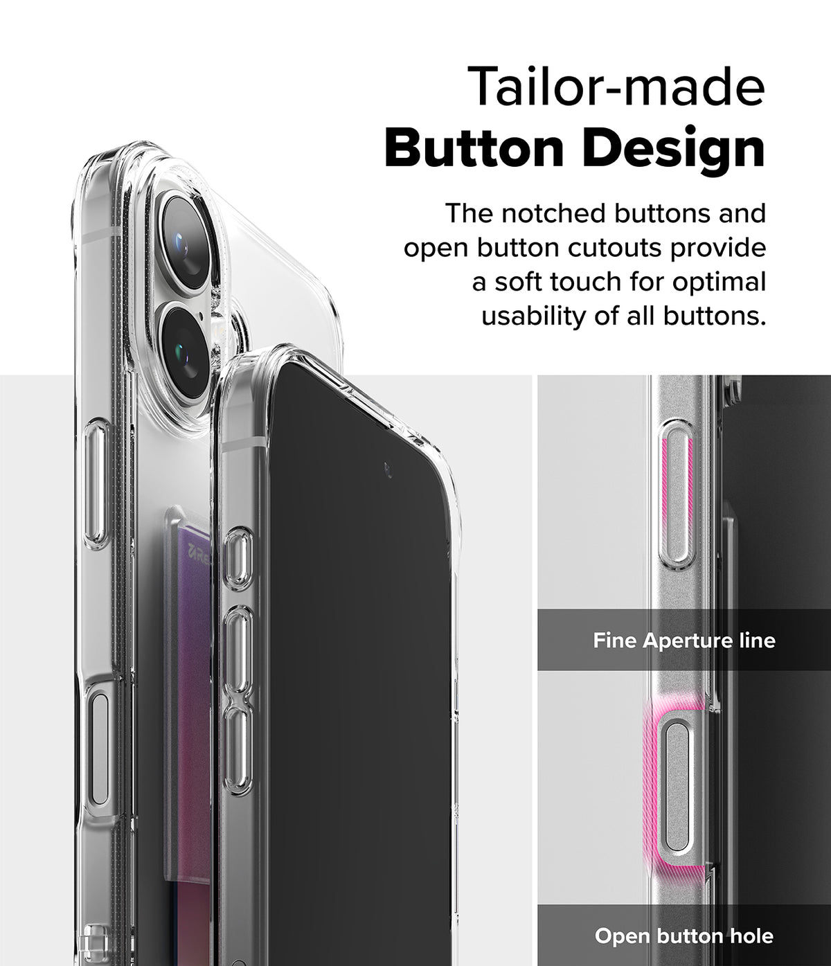 iPhone 16 Plus Case | Fusion Card - Clear phone case showing detailed button cutouts and a card slot feature.