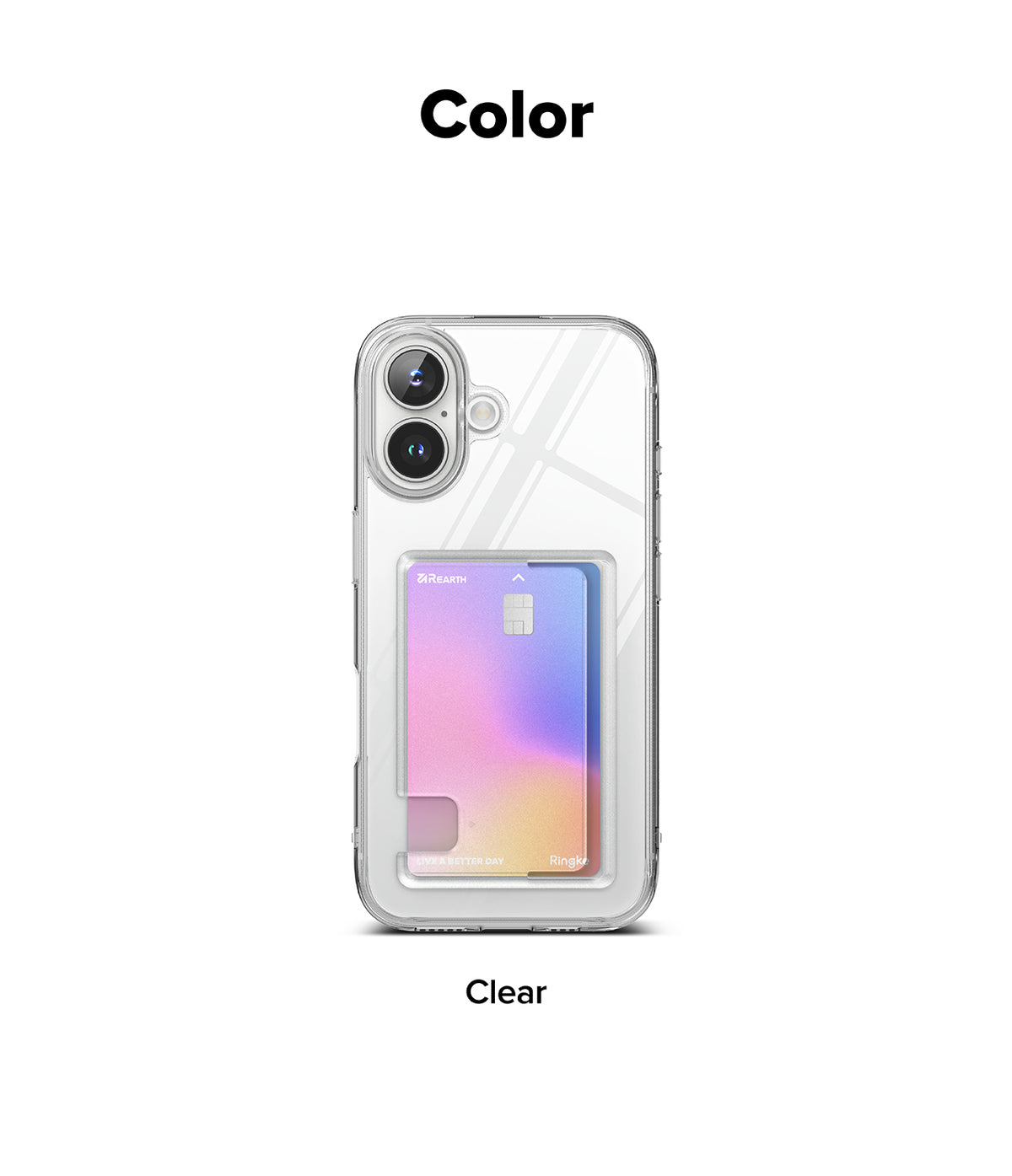 iPhone 16 Plus Case | Fusion Card - Clear phone case with a built-in card slot holding a gradient-colored credit card.