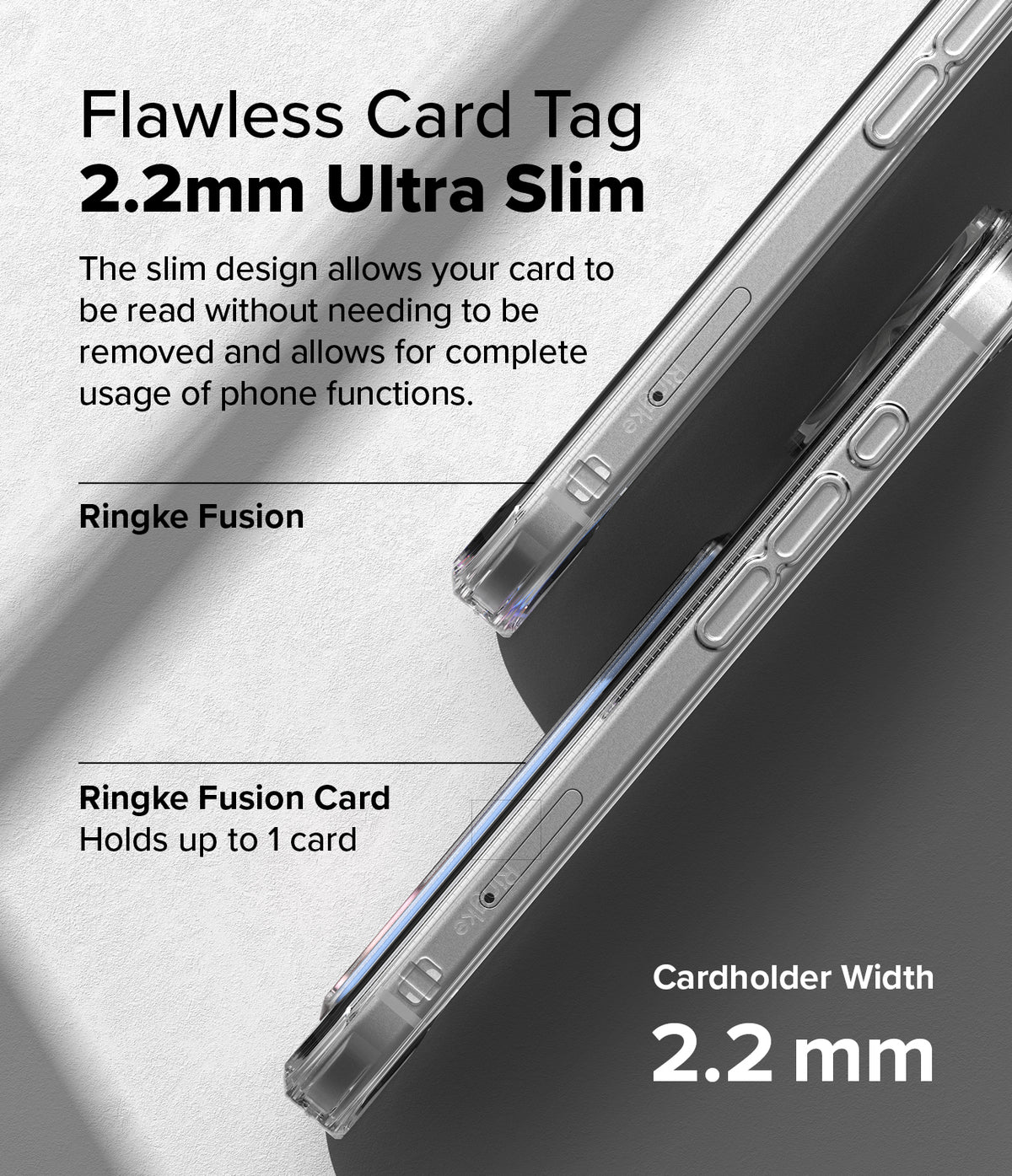 iPhone 16 Plus Case | Fusion Card - Side view of a slim, clear phone case with a 2.2mm cardholder slot on a gray background.