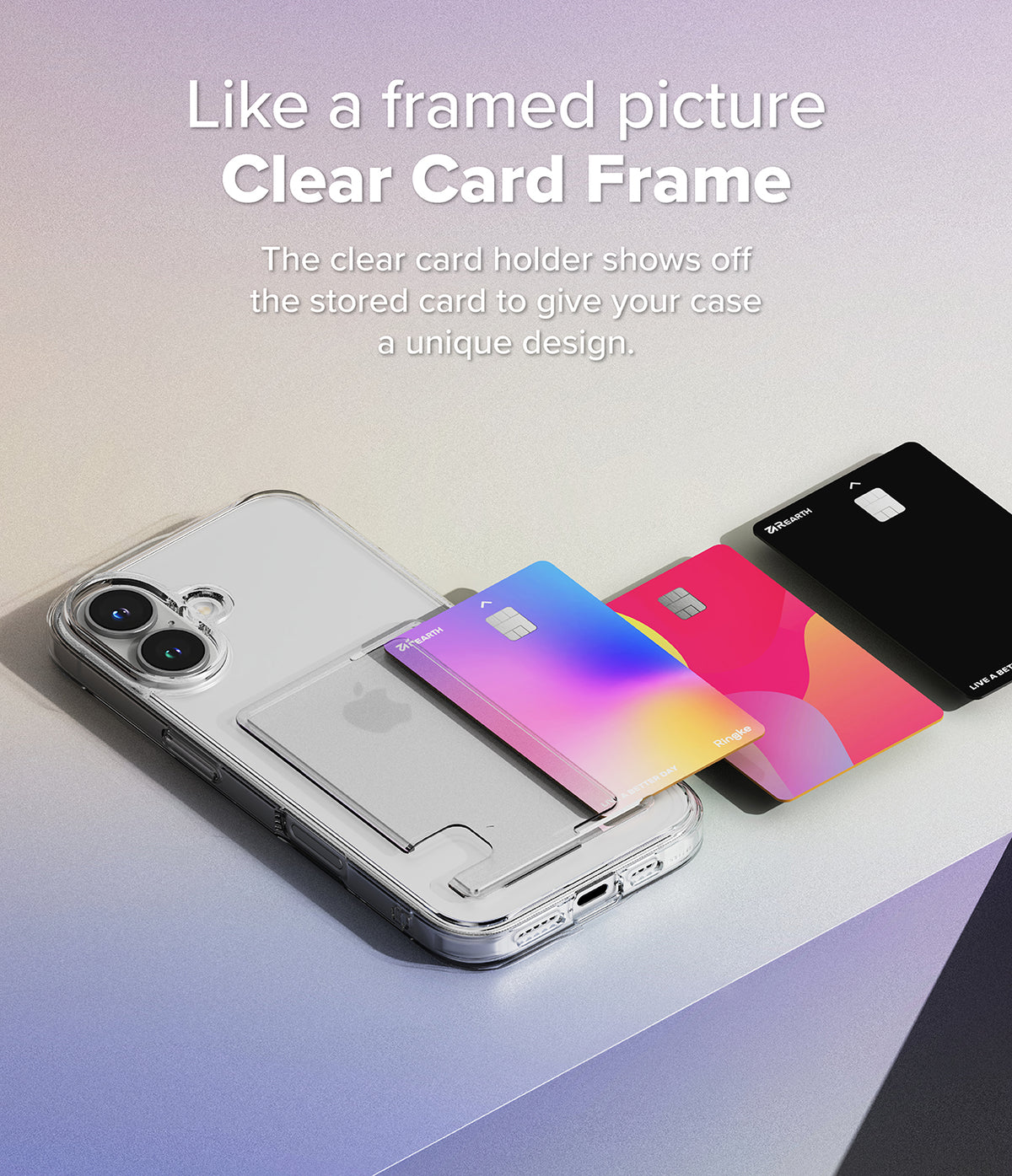 iPhone 16 Plus Case | Fusion Card - Clear phone case with a card slot, displaying colorful credit cards next to it.
