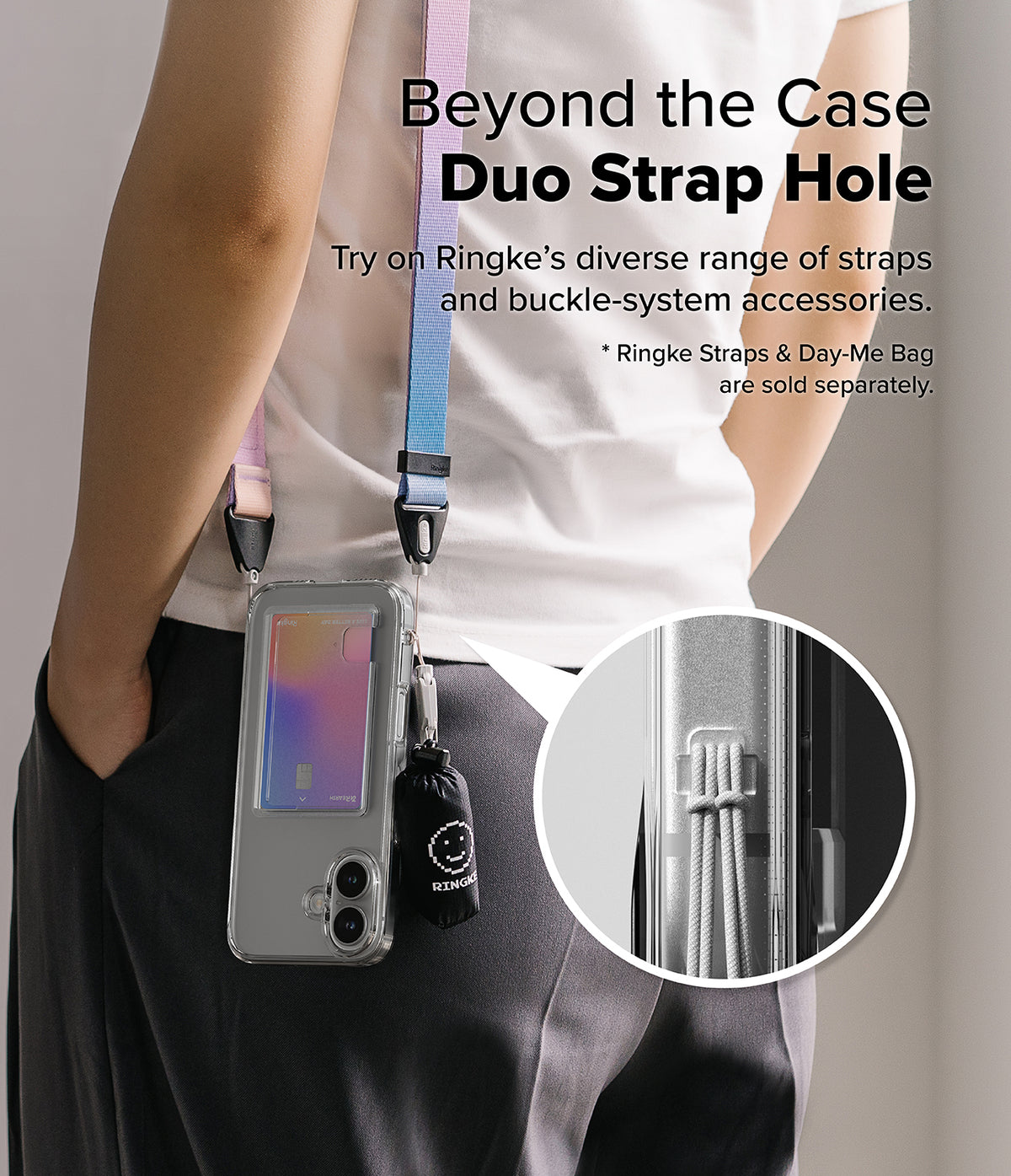 iPhone 16 Plus Case | Fusion Card - Person wearing a phone case with a card holder and colorful strap, featuring a close-up of the strap hole.