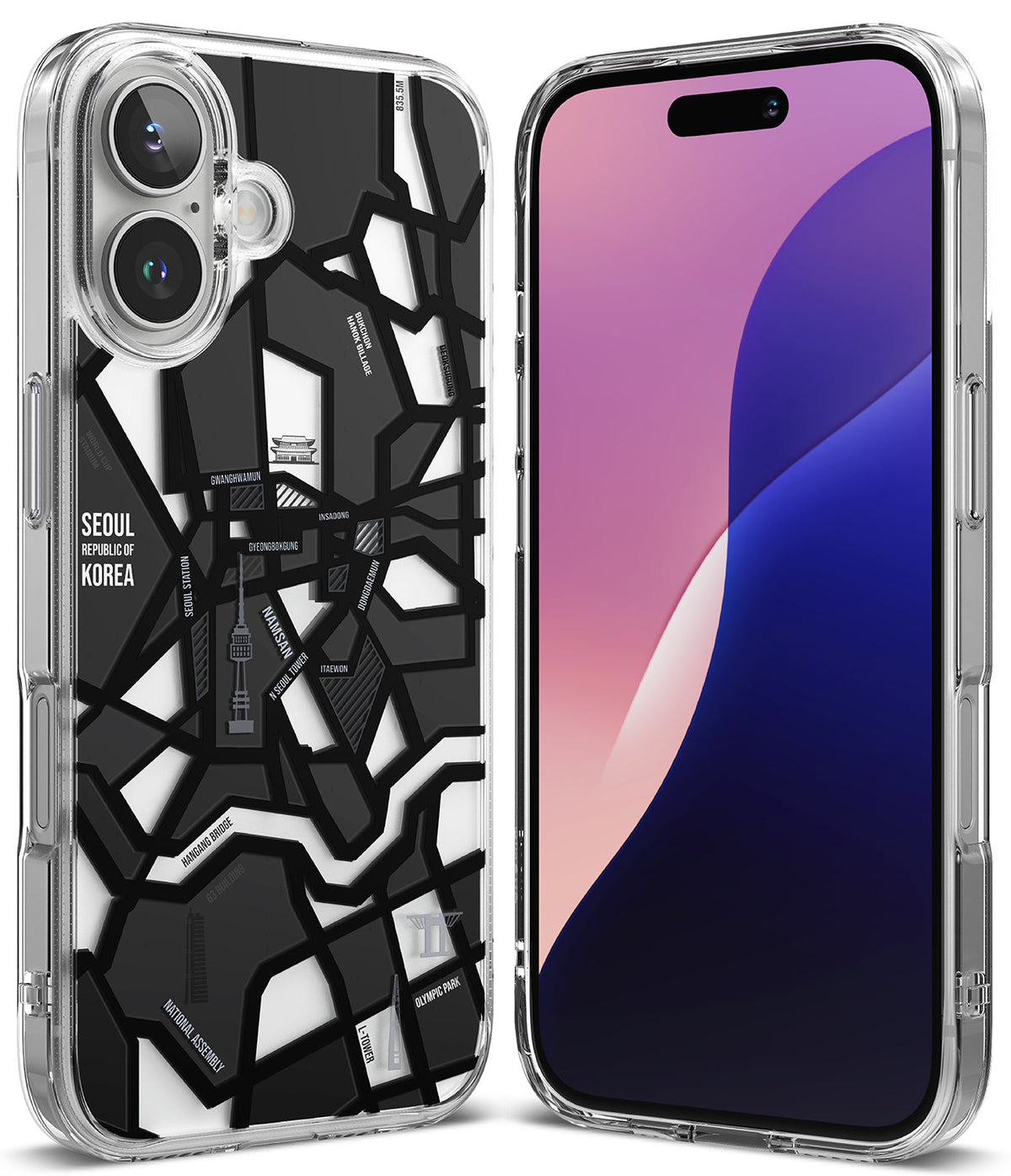 iPhone 16 Plus Case | Fusion Design - Clear phone case featuring a black and white Seoul city map graphic.