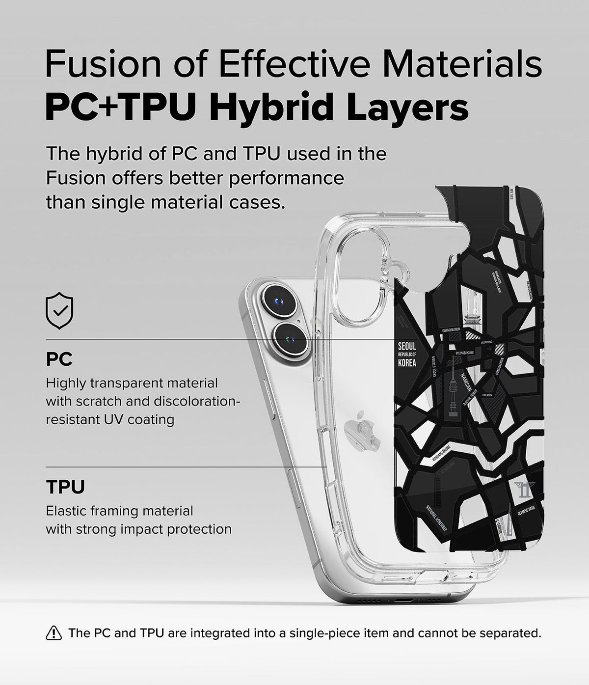 iPhone 16 Plus Case | Fusion Design - Hybrid phone case showing transparent PC back and black TPU frame with a Seoul map graphic.
