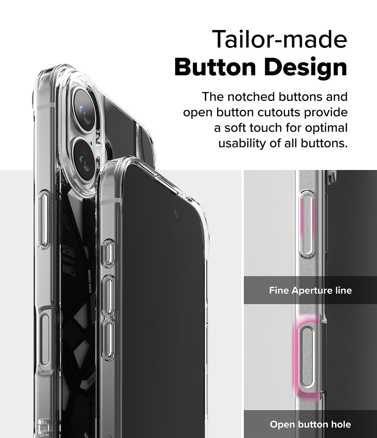 iPhone 16 Plus Case | Fusion Design - Clear phone case showing detailed button cutouts and fine aperture lines.