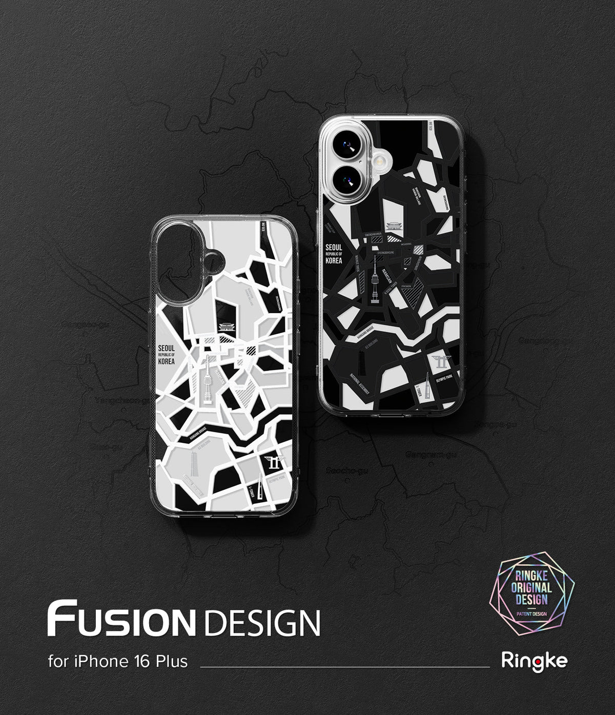 iPhone 16 Plus Case | Fusion Design - Two clear phone cases featuring a black and white Seoul city map graphic on a dark background.