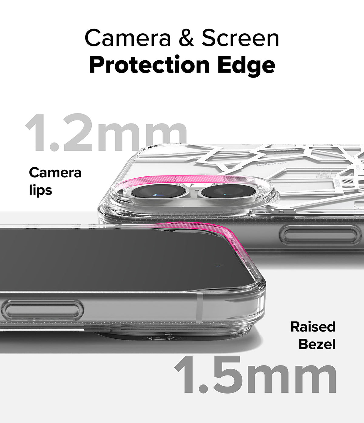 iPhone 16 Plus Case | Fusion Design - Clear phone case highlighting 1.2mm camera lips and 1.5mm raised screen bezel protection.