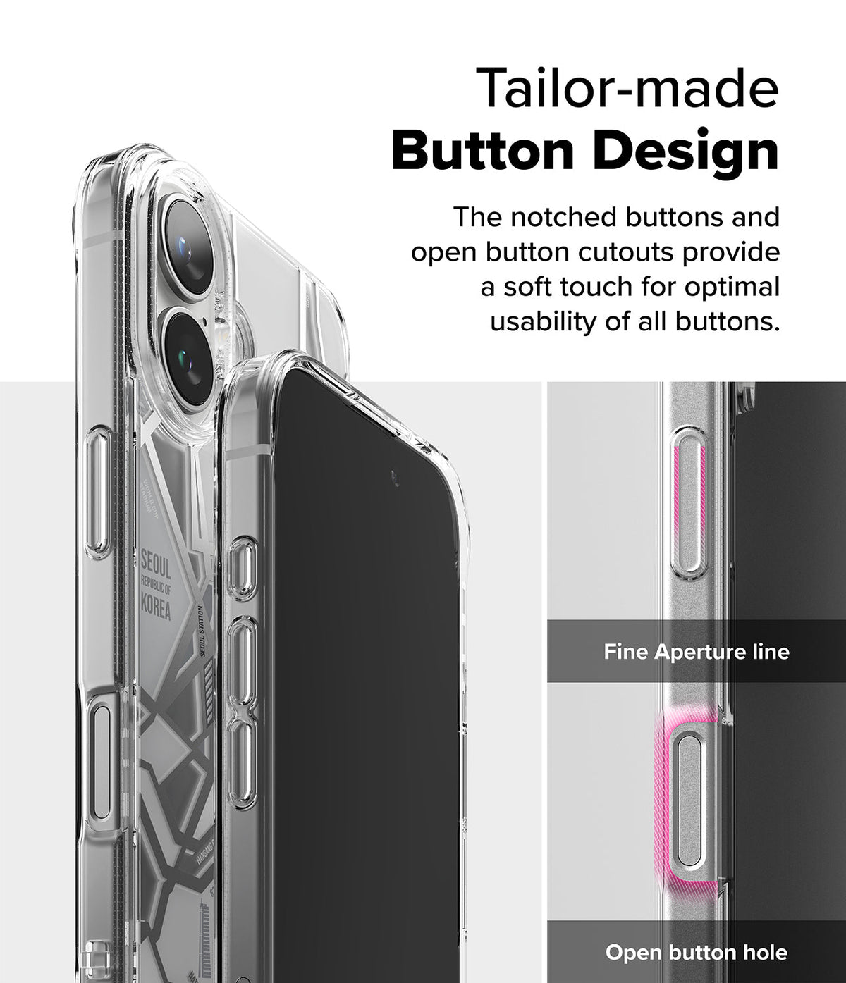 iPhone 16 Plus Case | Fusion Design - Clear phone case showing detailed button cutouts and tactile button design.