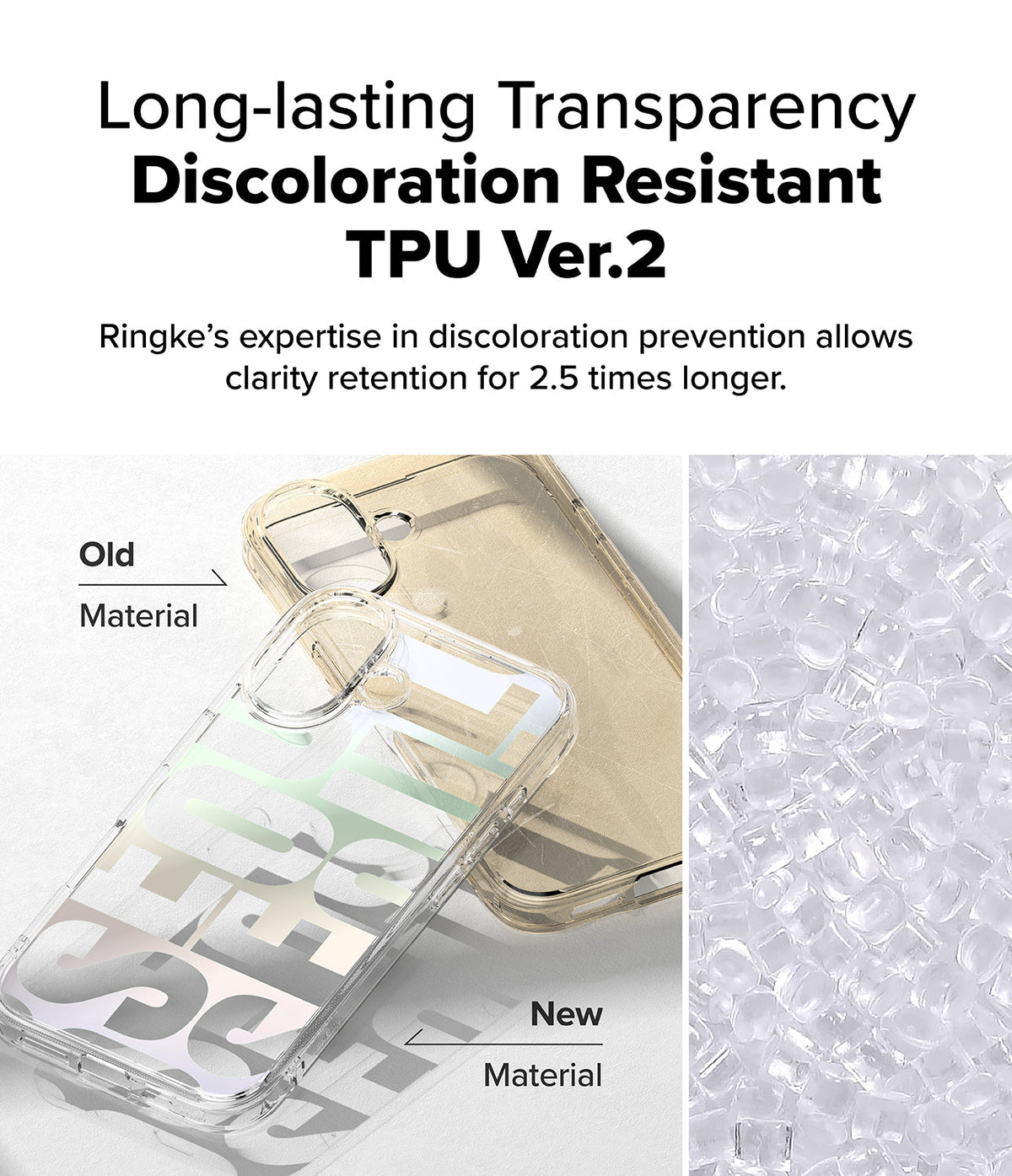 iPhone 16 Plus Case | Fusion Design - Comparison of yellowed old TPU case material versus clear new TPU material.