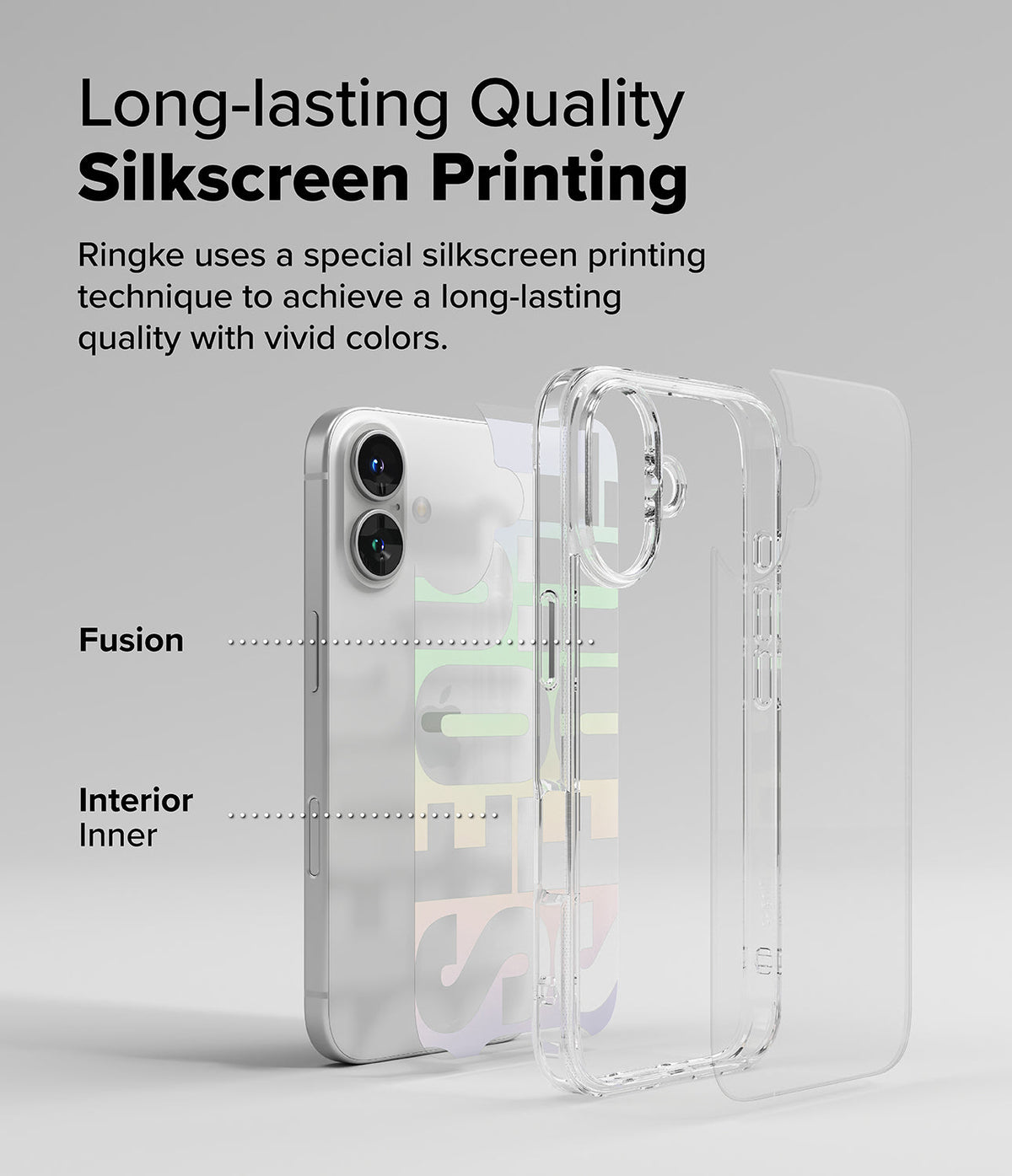 iPhone 16 Plus Case | Fusion Design - Exploded view of a clear phone case with silkscreen printing on the interior.