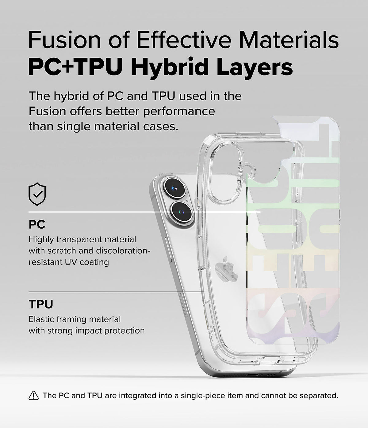 iPhone 16 Plus Case | Fusion Design - Exploded view of a clear iPhone 16 Plus case showing PC and TPU hybrid layers.