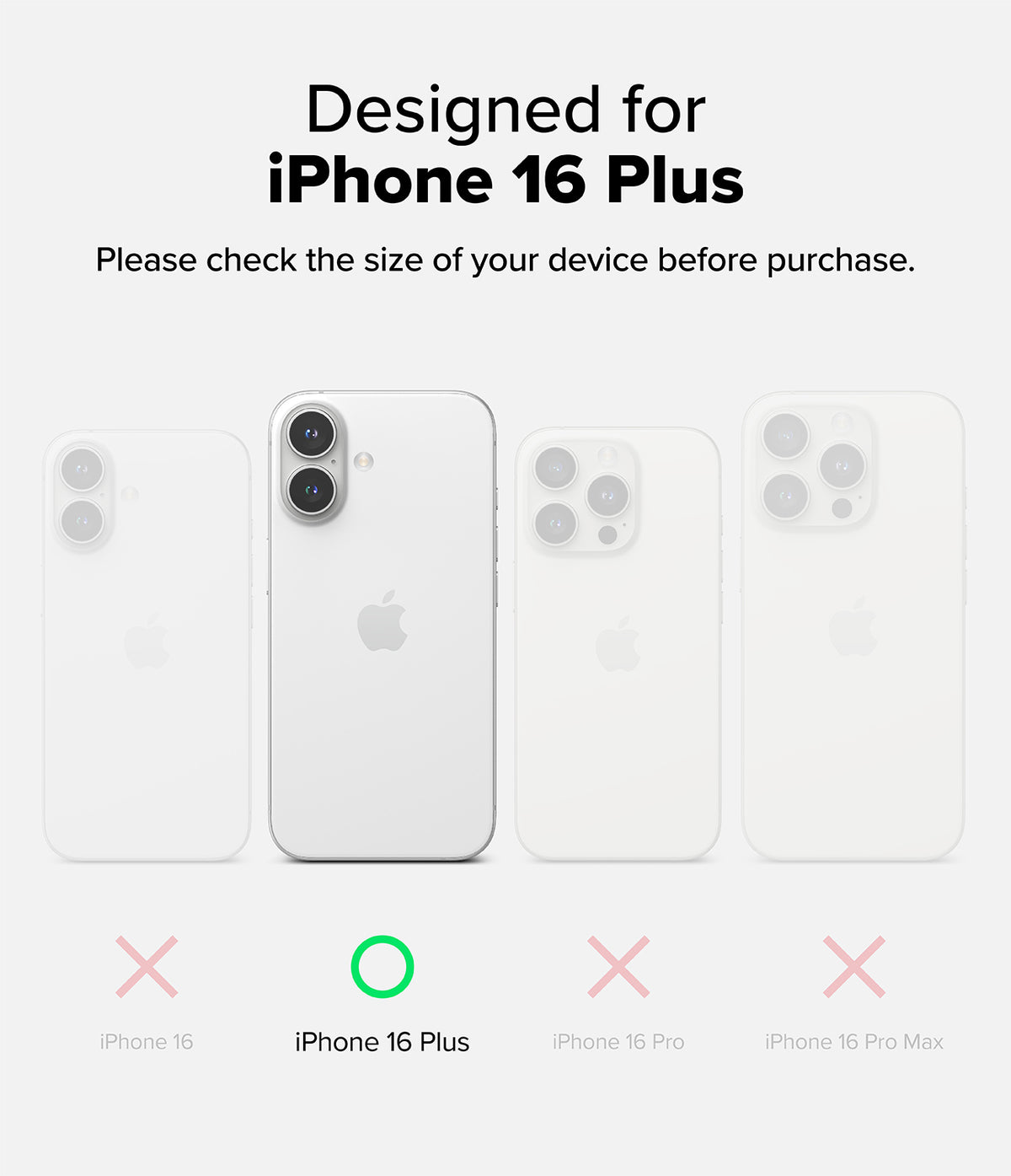 iPhone 16 Plus Case | Fusion Matte - Comparison chart showing iPhone 16 Plus highlighted with a green checkmark among other models.