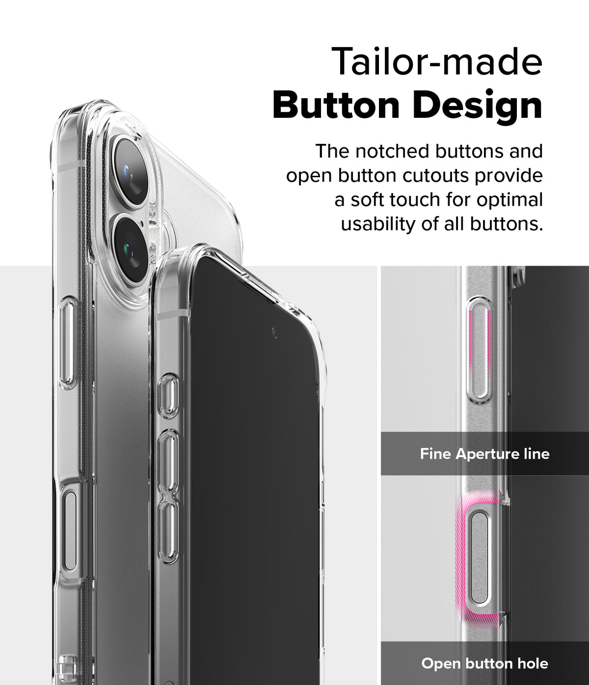 iPhone 16 Plus Case | Fusion Matte - Close-up of phone case buttons showing notched design and open cutouts for usability.