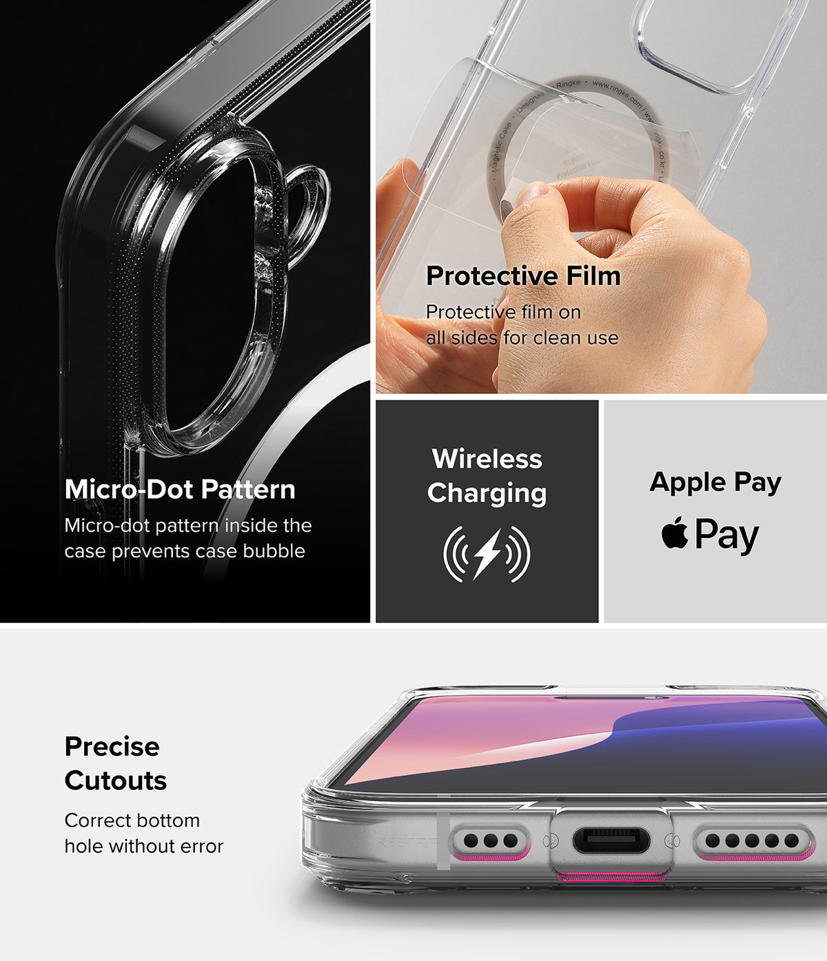iPhone 16 Plus Case | Fusion Magnetic - Clear case features, micro-dot pattern, protective film, wireless charging, and precise cutouts.