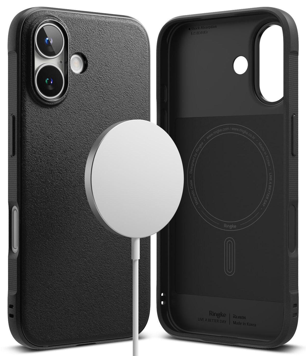 iPhone 16 Plus Case | Onyx Magnetic - Black textured phone case showing exterior and interior with magnetic charger.
