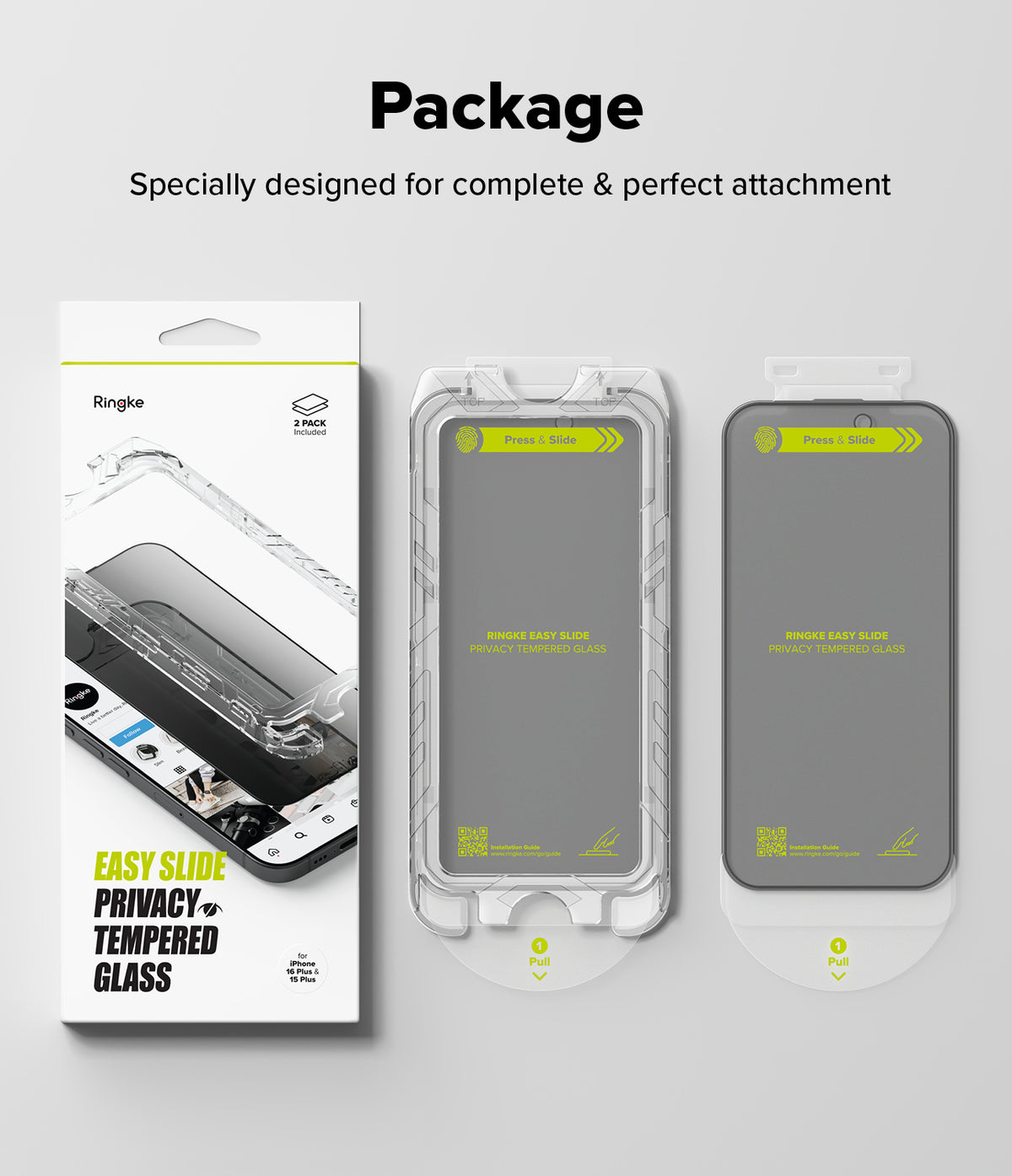 iPhone 16 Plus / 15 Plus Screen Protector | Easy Slide Privacy Tempered Glass - iPhone 16 Plus / 15 Plus Screen Protector - Retail box and two Easy Slide privacy tempered glass screen protectors.