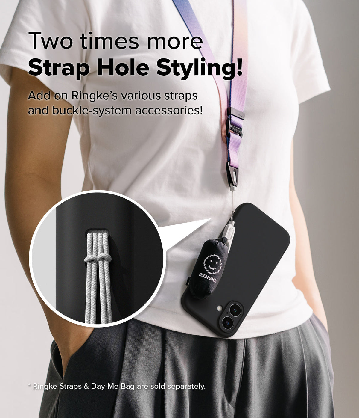 iPhone 16 Plus Case | Silicone Magnetic - Person wearing a black phone case with a lanyard and accessory strap.