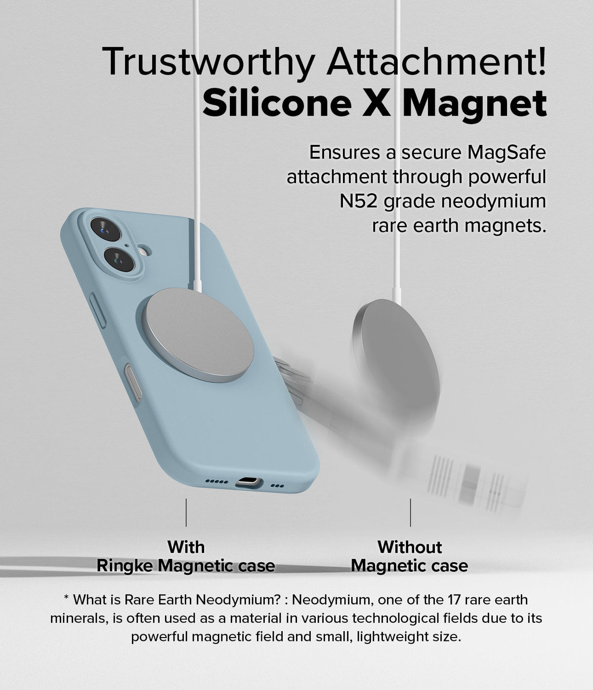 iPhone 16 Plus Case | Silicone Magnetic - Comparison showing a MagSafe charger attaching securely to a blue silicone case.