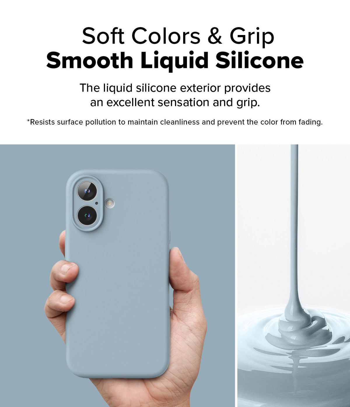 iPhone 16 Plus Case | Silicone Magnetic - Hand holding a blue silicone phone case next to pouring liquid silicone.