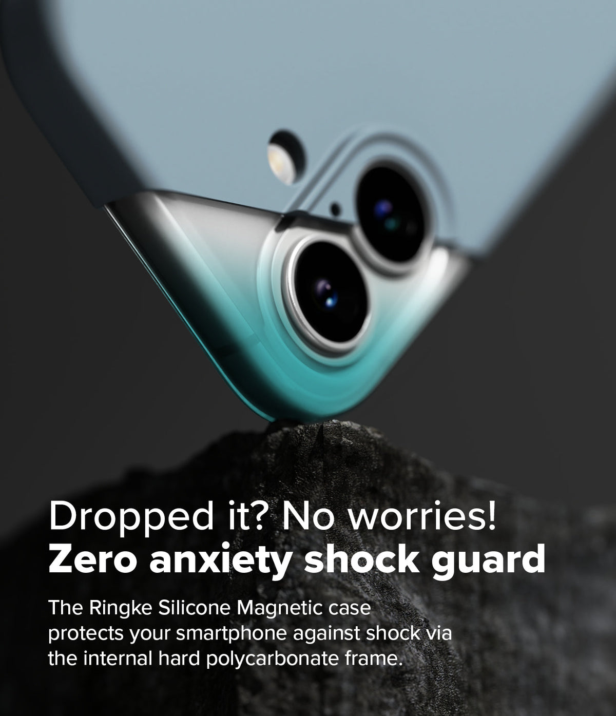 iPhone 16 Plus Case | Silicone Magnetic - Blue phone case resting on a rock, highlighting the shock-absorbing frame.