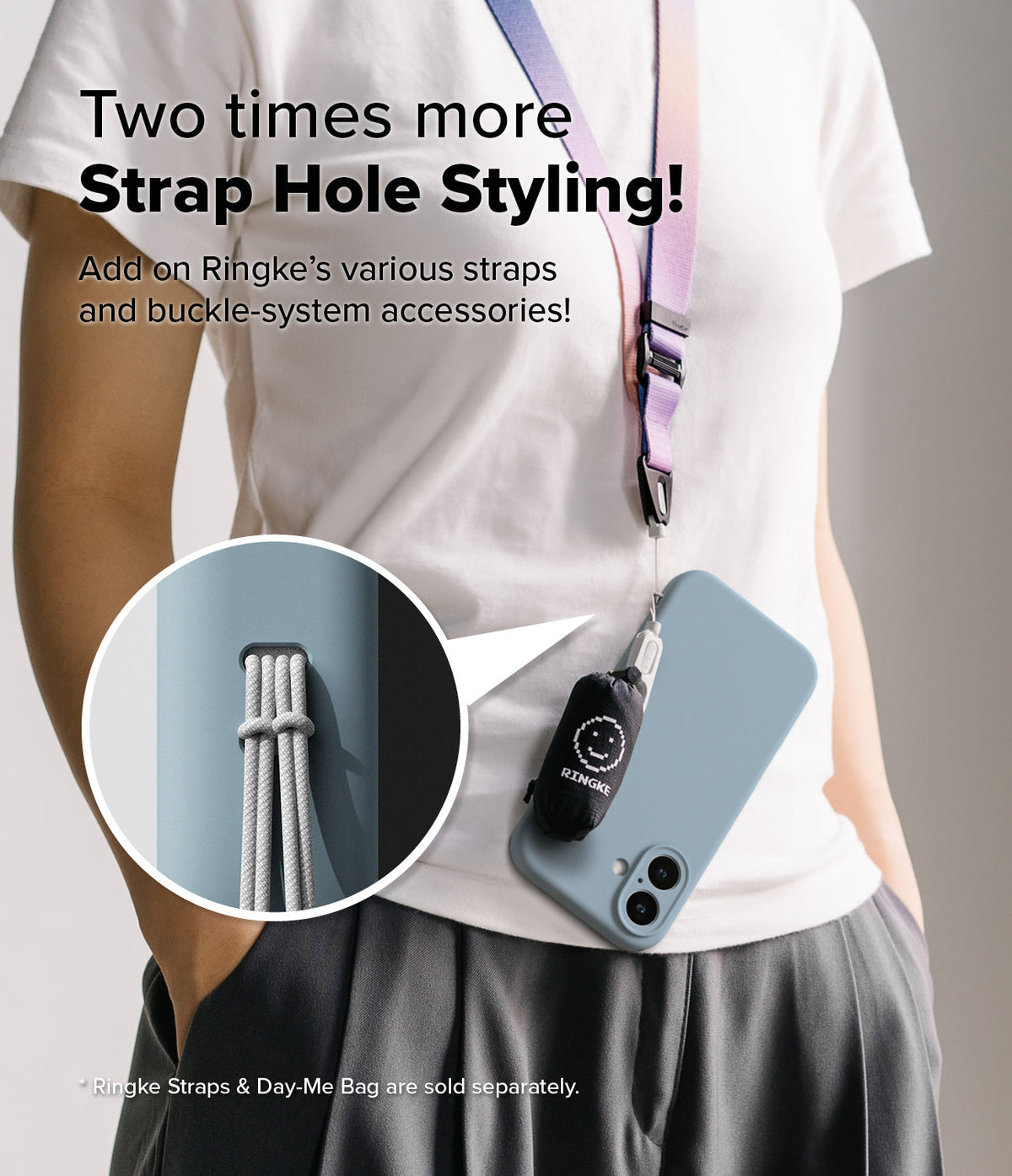 iPhone 16 Plus Case | Silicone Magnetic - Person wearing a blue phone case with a lanyard and strap accessory.