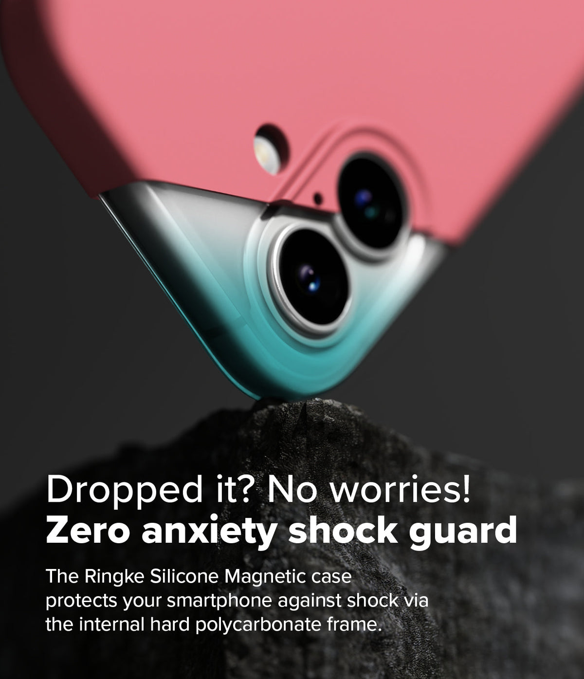 iPhone 16 Plus Case | Silicone Magnetic - Pink phone case corner resting on a rock, highlighting shock protection.